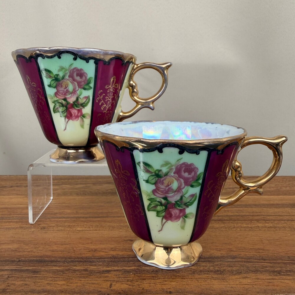 Royal Sealy Lusterware Footed Teacup (2) Pink Roses Burgandy Gilded Trim Vintage